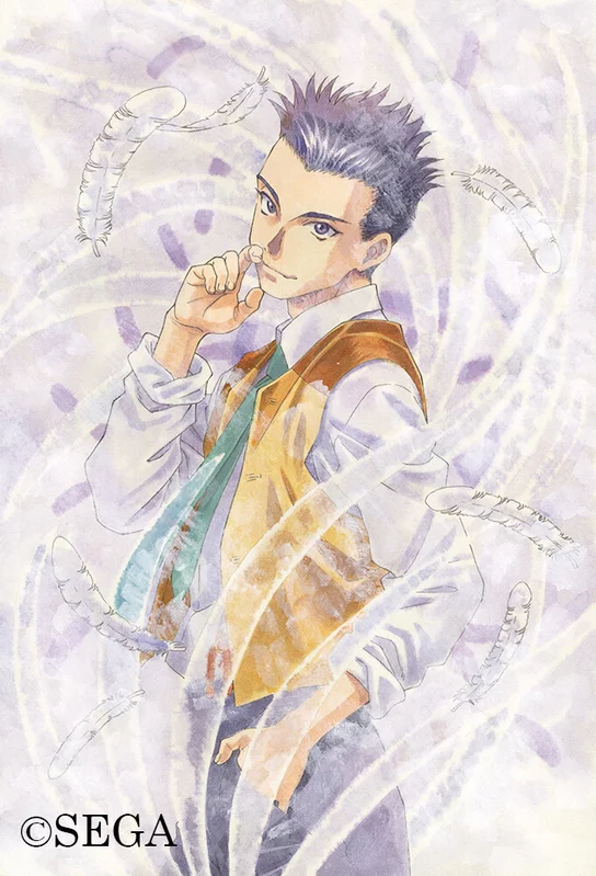 1990s_(style) 1boy black_hair black_pants brown_eyes button_gap closed_mouth collar copyright_notice english_text feathers green_necktie hand_in_pocket looking_at_viewer matsubara_hidenori necktie nose official_art oogami_ichirou pants retro_artstyle sakura_taisen second-party_source sega shadow shirt simple_background sleeves_rolled_up spiky_hair suspenders traditional_media vest white_collar white_feathers white_shirt white_sleeves yellow_vest