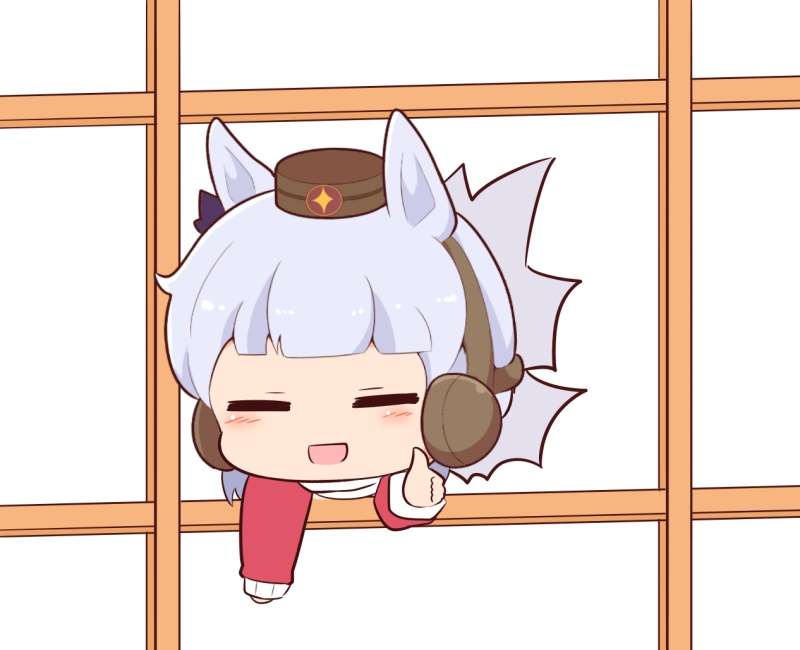1girl :d animal_ears blush_stickers bow brown_hat chibi closed_eyes ear_bow ear_covers facing_viewer gold_ship_(umamusume) gomashio_(goma_feet) grey_hair hat horse_ears jacket long_sleeves mini_hat mini_person minigirl purple_bow red_jacket screen_door sleeves_past_wrists smile solo through_door thumbs_up track_jacket umamusume