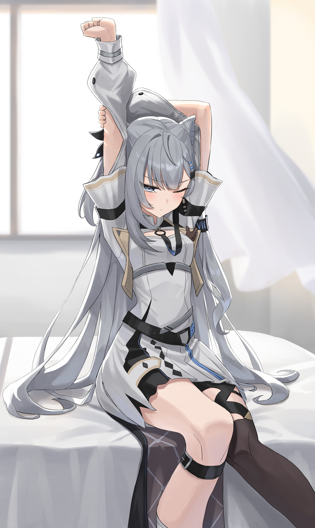 1girl arms_up black_thighhighs blush closed_mouth commentary cone_hair_bun cropped_jacket curtains double_bun dress feet_out_of_frame grey_eyes grey_hair hair_bun highres hololive hololive_indonesia indoors jacket long_hair long_sleeves looking_at_viewer on_bed one_eye_closed open_clothes open_jacket outstretched_arm over-kneehighs pleated_dress short_dress single_over-kneehigh single_sidelock single_thighhigh sitting solo stretching thigh-highs thigh_strap vakuuberi very_long_hair vestia_zeta vestia_zeta_(1st_costume) virtual_youtuber white_dress white_jacket window
