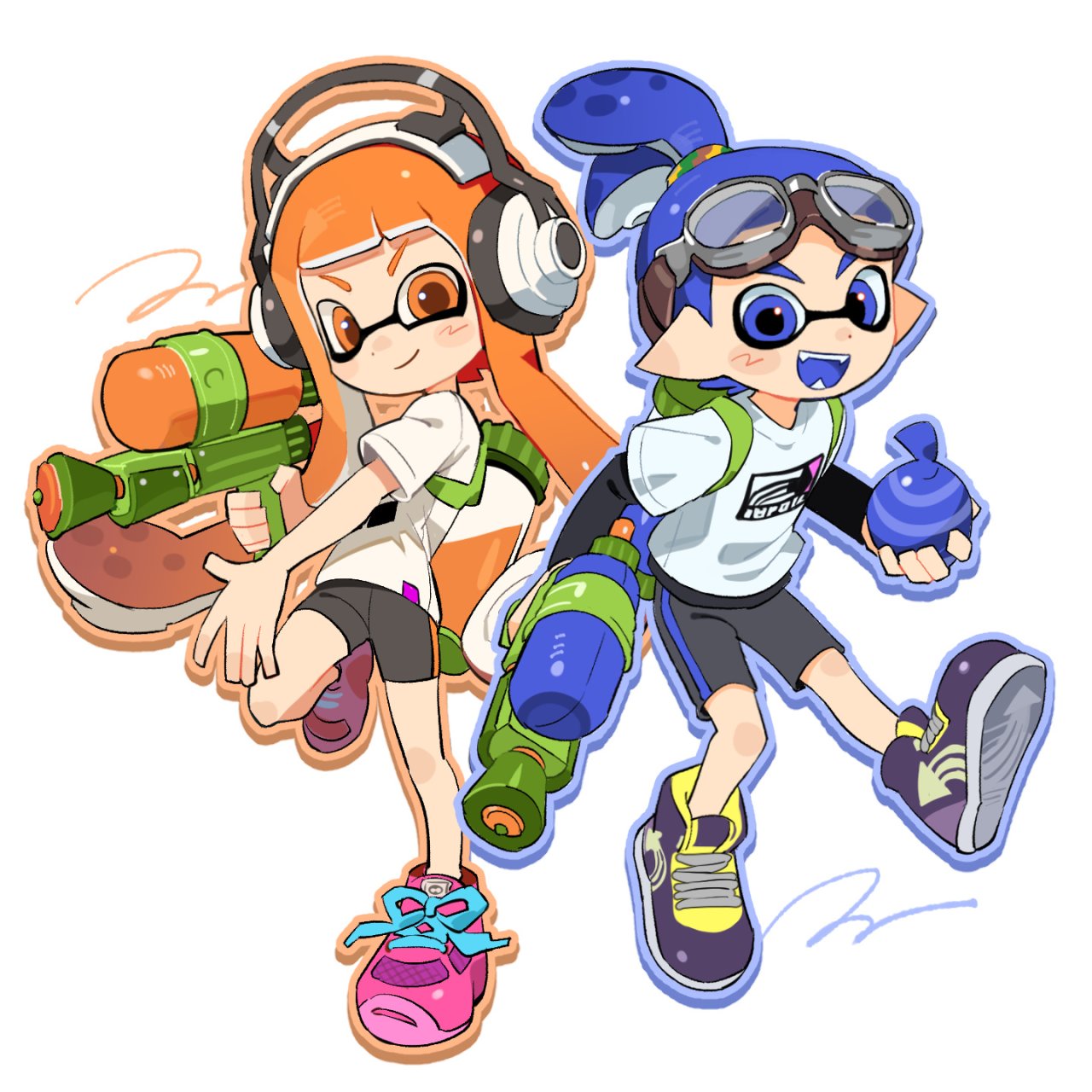 1boy 1girl :d bike_shorts black_shorts blue_eyes blue_hair blue_outline blue_tongue blunt_bangs burst_bomb_(splatoon) colored_tongue dot_nose drop_shadow dual_wielding fangs full_body goggles goggles_on_head hair_tie headphones hg_swdiary highres holding holding_weapon ink_tank_(splatoon) inkling inkling_boy inkling_girl inkling_player_character layered_shirt long_hair low_twintails orange_eyes orange_hair orange_outline orange_pupils outline pink_footwear pointy_ears ponytail print_shirt purple_footwear shirt shoes short_sleeves shorts single_blush_sticker smile smirk splatoon_(series) splatoon_1 splattershot_(splatoon) standing standing_on_one_leg tentacle_hair twintails weapon white_shirt