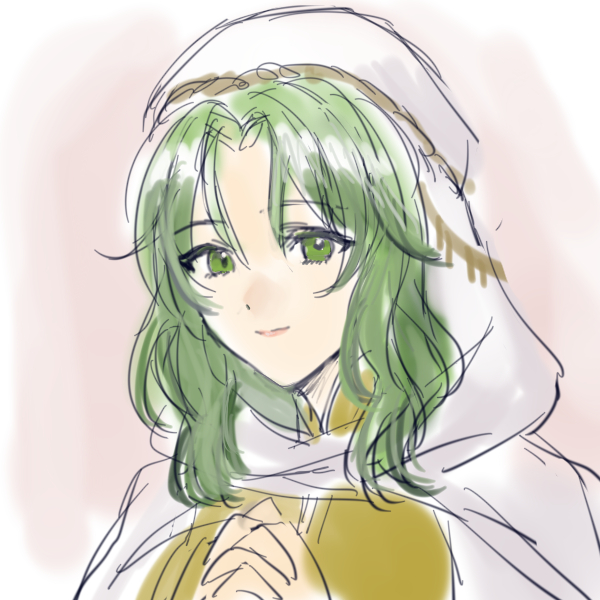 1girl commentary fire_emblem fire_emblem:_thracia_776 green_eyes green_hair hazuki_(nyorosuke) hood interlocked_fingers long_hair looking_at_viewer own_hands_together portrait safy_(fire_emblem) smile solo