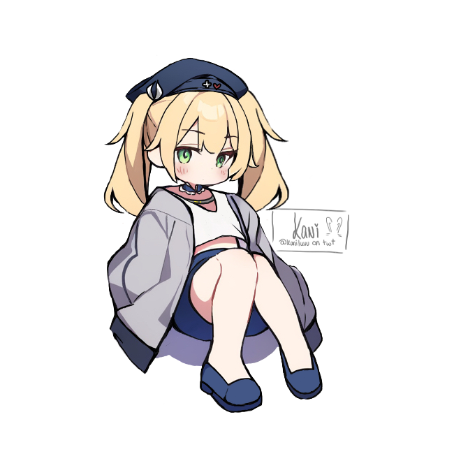 1girl blonde_hair blue_footwear blue_hat blue_skirt dokibird_(vtuber) full_body green_eyes grey_jacket indie_virtual_youtuber jacket jewelry kaniluvv long_hair necklace no_mouth open_clothes open_jacket pointy_ears shirt shoes simple_background sitting skirt solo twintails virtual_youtuber white_background white_shirt