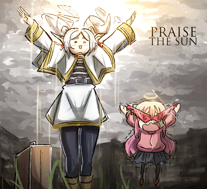 2girls belt blush bocchi_the_rock! boots capelet clouds cloudy_sky coat dark_souls_(series) dark_souls_i english_text frieren gotoh_hitori grass halo kamina_shades long_hair multiple_girls on_grass ononotsu open_mouth pantyhose pink_hair pointy_ears praise_the_sun skirt sky sousou_no_frieren stretching sun sunglasses sunlight sweater tongue trembling twintails white_hair