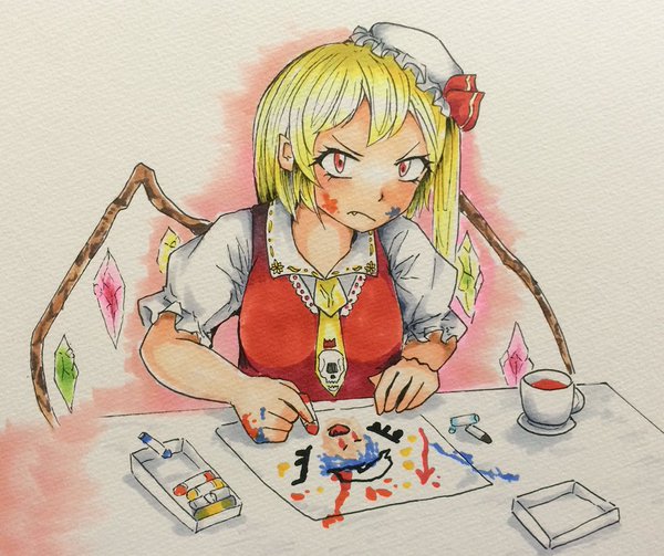 1girl blonde_hair breasts child's_drawing closed_mouth collared_shirt crayon crystal cup fang fang_out flandre_scarlet hat holding holding_crayon looking_at_viewer marker_(medium) medium_hair mob_cap multicolored_wings necktie one_side_up paper red_eyes red_vest remilia_scarlet shirt simple_background small_breasts solo teacup touhou traditional_media umikaji upper_body vest white_background white_hat white_shirt wings yellow_necktie