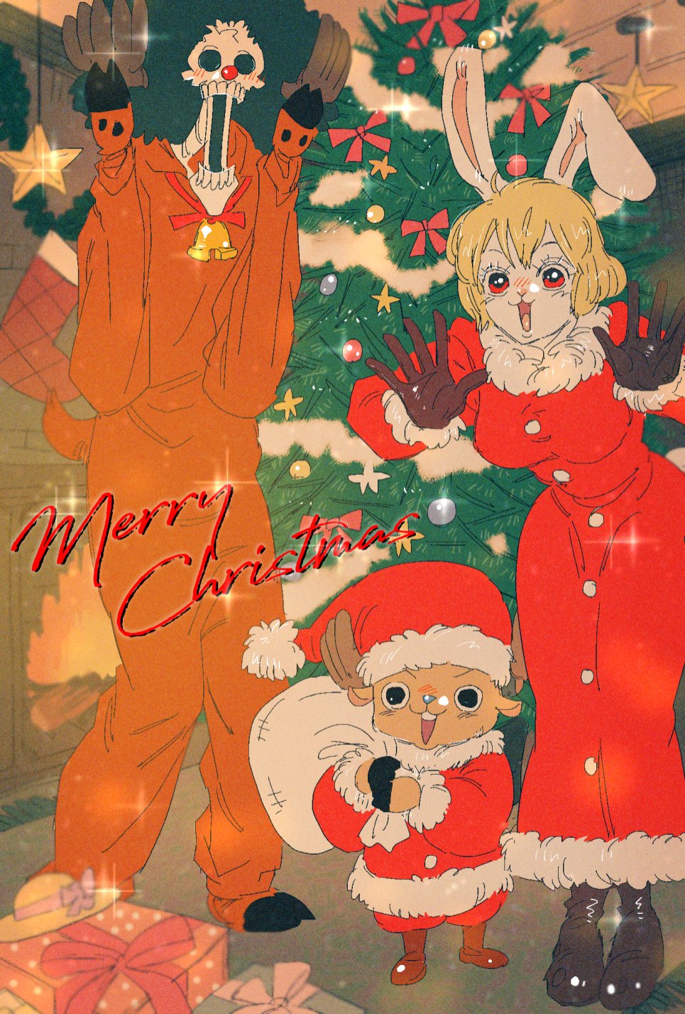 1girl 2boys afro antlers bell black_eyes black_hair blonde_hair box brook_(one_piece) carrot_(one_piece) christmas_ornaments christmas_star christmas_tree commentary costume english_commentary fake_antlers full_body gift gift_box gloves hat highres holding holding_sack horns looking_at_viewer merry_christmas multiple_boys one_piece open_mouth rabbit_girl reindeer_antlers sack santa_costume santa_hat short_hair sparkle star_(symbol) tomatop tony_tony_chopper