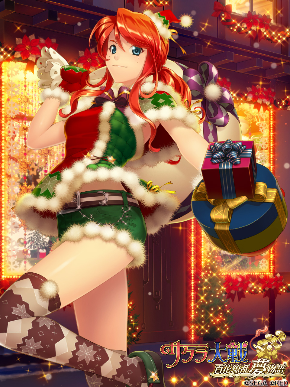 1girl asymmetrical_tank_top beads belt black_belt black_footwear blue_eyes bow bowtie box capelet christmas christmas_stocking commentary copyright_name copyright_notice diamond_(shape) diamond_pattern diamond_print english_text flower freckles fuzzy_clothes game_cg gemini_sunrise gift gift_box gloves green_capelet green_shorts hair_between_eyes hair_tie hat hat_ribbon highres holding holding_gift holding_sack lace-trimmed_sack leg_up lights logo looking_at_viewer mittens night official_art outdoors outstretched_arm pocket pom_pom_(clothes) purple_bow purple_bowtie red_flower red_gloves red_mittens red_ribbon redhead ribbon sack sakura_taisen sakura_taisen_v santa_hat sega short_shorts shorts sidelocks sliver_buckle small_headwear smile snowflake_ornament snowflake_print snowflake_print_capelet snowflake_print_legwear snowing solo sparkle standing standing_on_one_leg star_ornament strapless striped_belt thigh-highs tree two-tone_tube_top wavy_ends wavy_hair wavy_sidelocks white_pom_poms window yellow_ribbon yuasa_tsugumi