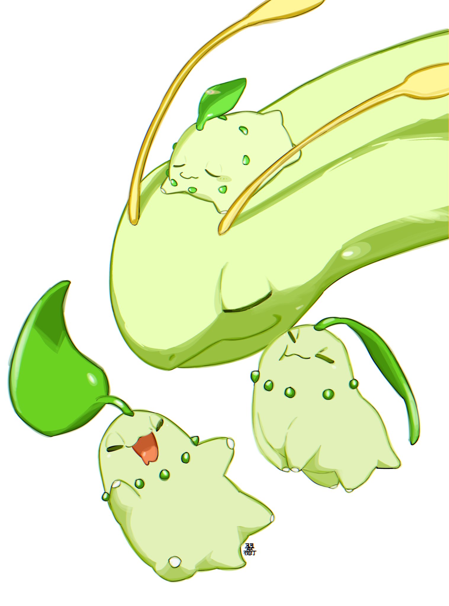 animal_focus chikorita closed_eyes closed_mouth colored_skin commentary evolutionary_line green_skin highres laughing leaf lying meganium midori8_10 no_humans on_back on_head open_mouth pokemon pokemon_(creature) pokemon_on_head simple_background smile symbol-only_commentary white_background