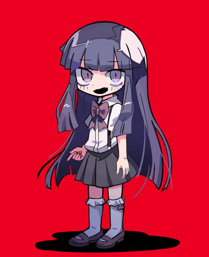1girl bags_under_eyes blunt_bangs blunt_ends blush_stickers bow bowtie collared_shirt commentary_request double-parted_bangs fangs fingernails frilled_socks frills full_body furude_rika grey_skirt higurashi_no_naku_koro_ni kneehighs long_hair mary_janes miniskirt open_mouth pink_bow pink_bowtie pink_footwear pleated_skirt puffy_short_sleeves puffy_sleeves purple_hair red_background school_uniform shadow shirt shoes short_sleeves sidelocks simple_background skirt smile socks solo standing straight_hair suspenders terada_tera very_long_hair violet_eyes white_shirt white_sleeves white_socks