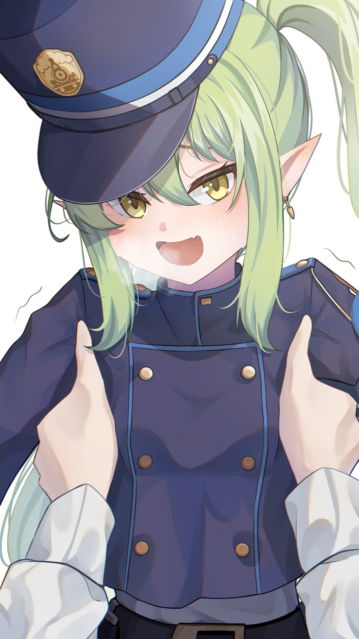 1boy 1girl belt black_belt blue_archive blue_hat blue_jacket blush buttons commentary_request earrings fang flat_chest green_hair hair_between_eyes heavy_breathing highres holding jacket jewelry lavriell long_sleeves looking_at_viewer nozomi_(blue_archive) open_mouth pointy_ears shirt sidelocks skin_fang smile solo_focus sweat trembling twintails uniform upper_body white_background white_shirt yellow_eyes