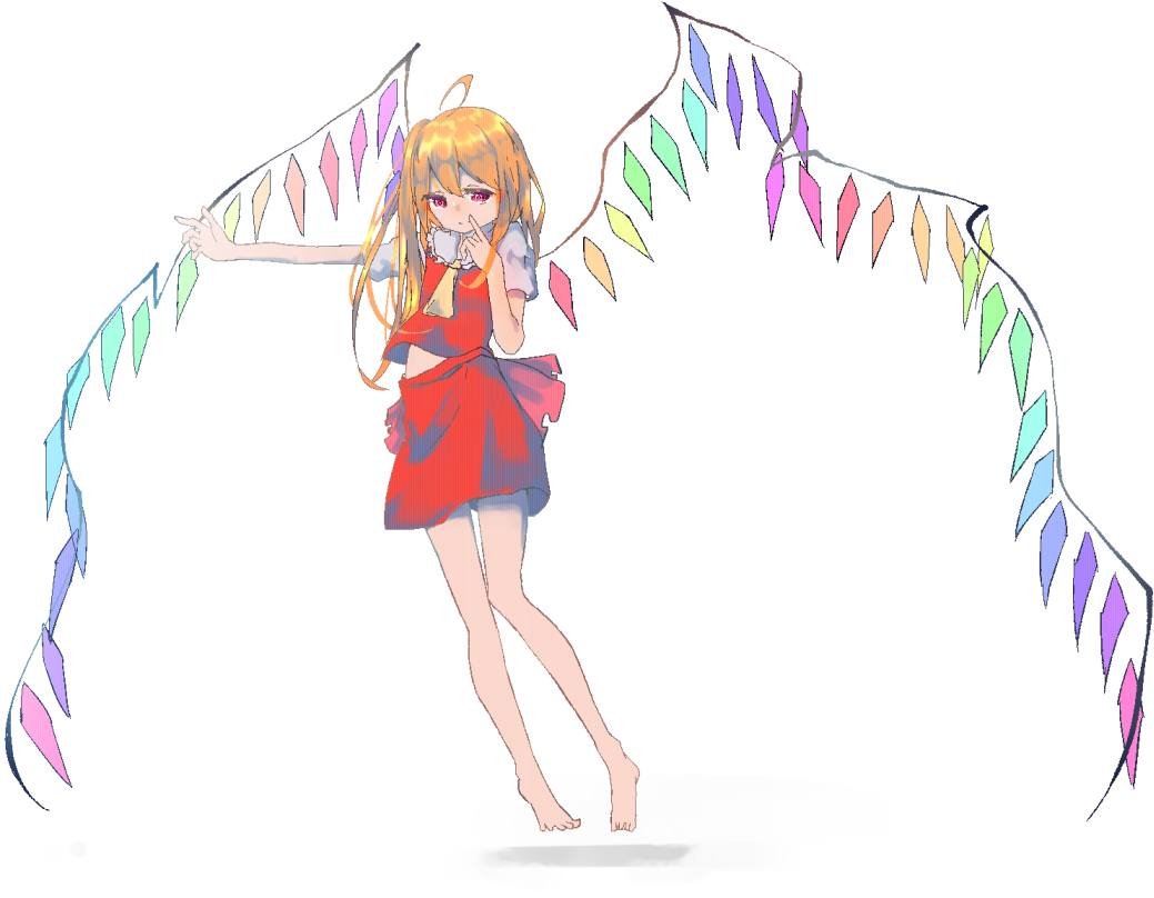 1girl alternate_hairstyle ascot back_bow bare_legs barefoot bow closed_mouth collared_shirt flandre_scarlet frilled_shirt_collar frills full_body hair_between_eyes long_hair multicolored_wings no_headwear nosuteia red_eyes red_skirt red_vest shirt short_sleeves simple_background skirt solo touhou vest white_background white_shirt wings yellow_ascot