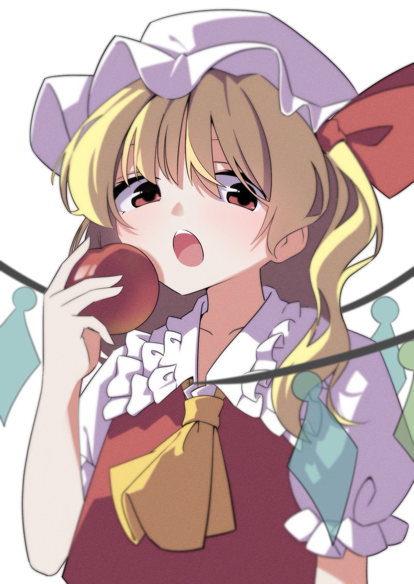 1girl apple ascot blonde_hair brown_eyes collared_shirt commentary flandre_scarlet food frilled_shirt_collar frilled_sleeves frills fruit hand_up hat highres holding holding_food holding_fruit looking_at_viewer medium_hair mob_cap one_side_up open_mouth puffy_short_sleeves puffy_sleeves red_vest shirt shishidonagi short_sleeves simple_background solo touhou upper_body vest white_background white_mob_cap wings yellow_ascot