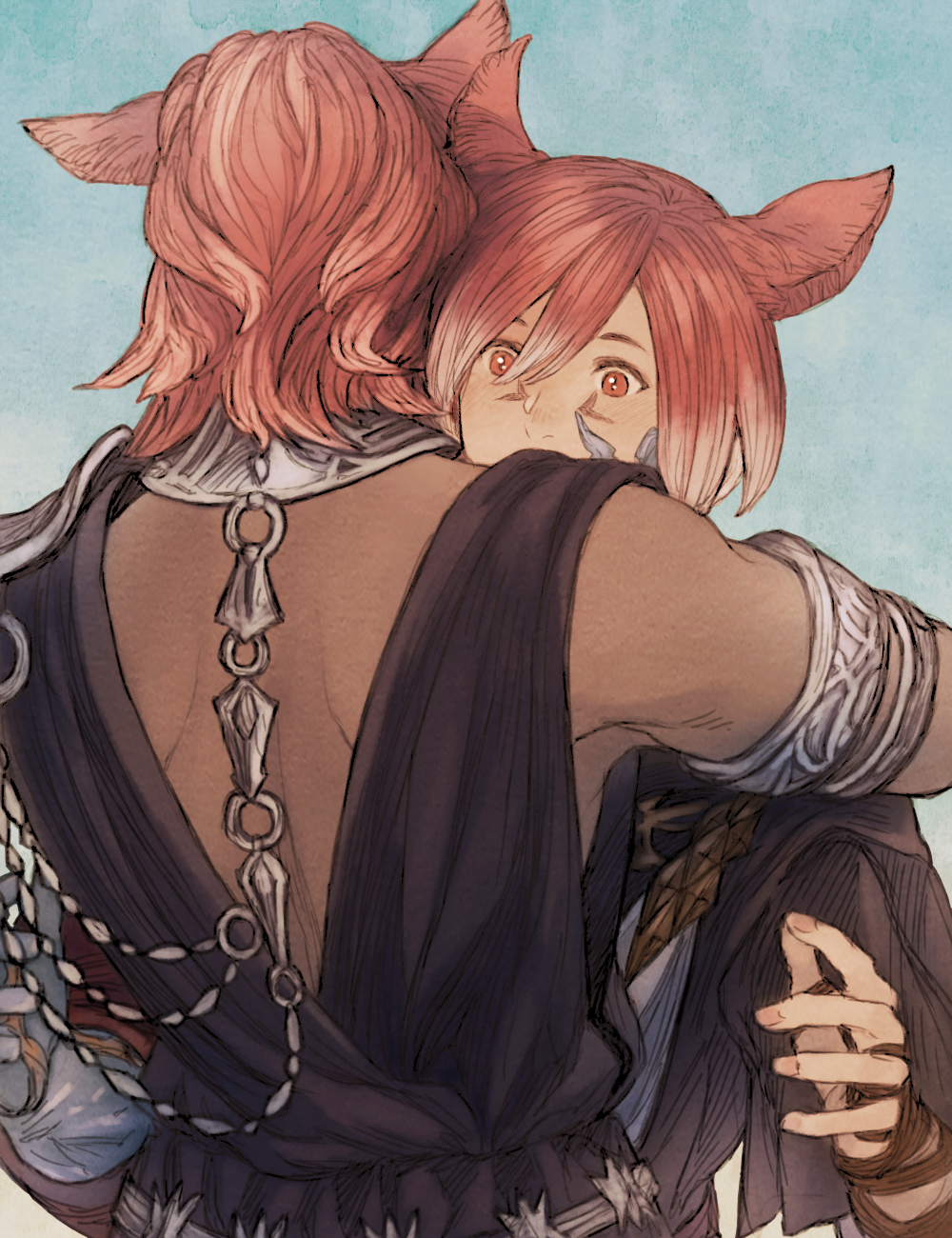 2boys animal_ears arm_wrap armlet black_robe blue_background cat_ears collar covered_mouth crystal_exarch crystallization facial_mark final_fantasy final_fantasy_xiv g'raha_tia hatching_(texture) highres hug looking_at_viewer maeka_(kumaekake) male_focus material_growth metal_collar miqo'te multiple_boys redhead robe short_hair shoulder_blades simple_background slit_pupils surprise_hug surprised upper_body warrior_of_light_(ff14) wide-eyed