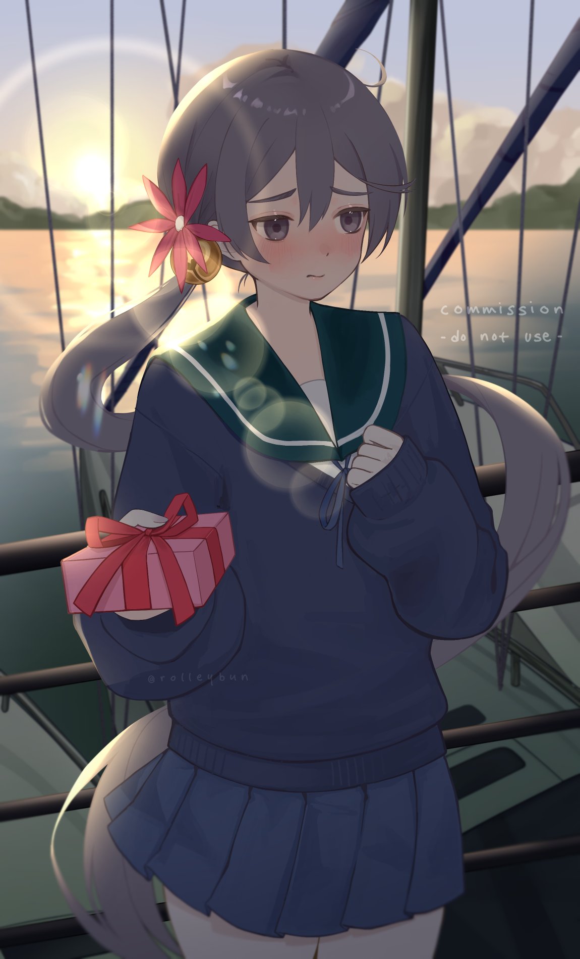 1girl adapted_costume akebono_(kancolle) bell blue_sailor_collar blue_skirt commission cowboy_shot flower gift hair_bell hair_flower hair_ornament highres jingle_bell julie kantai_collection long_hair looking_to_the_side official_alternate_costume pleated_skirt purple_hair railing sailor_collar school_uniform serafuku side_ponytail skirt solo sunset violet_eyes