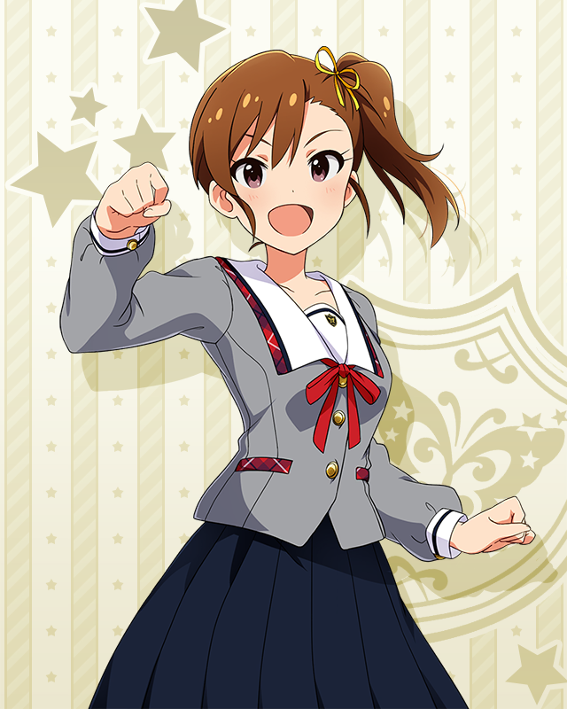 1girl :d asymmetrical_bangs black_skirt breasts brown_hair buttons clenched_hands collar collarbone cowboy_shot dot_nose eyelashes forehead futami_mami grey_serafuku grey_shirt hair_ribbon hand_up idolmaster idolmaster_(classic) idolmaster_million_live! idolmaster_million_live!_theater_days junior_high_schoolmate_(idolmaster) light_blush lone_nape_hair long_sleeves looking_at_viewer neck_ribbon official_alternate_costume official_art open_mouth plaid_collar pleated_skirt red_ribbon ribbon school_uniform serafuku shirt short_hair side_ponytail single_sidelock skirt small_breasts smile solo starry_background swept_bangs violet_eyes white_collar yellow_ribbon