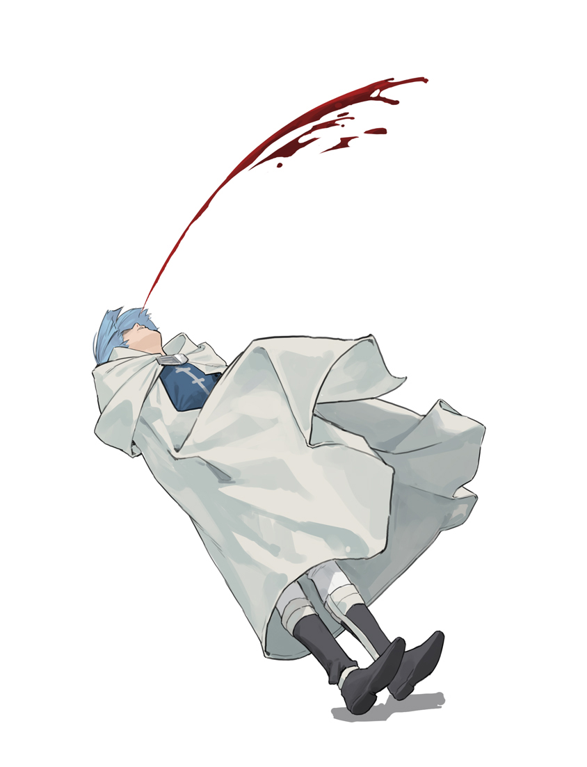 1boy black_footwear blood blue_hair cancer_(zjcconan) cape commentary_request excessive_nosebleed facing_up full_body himmel_(sousou_no_frieren) light_blue_hair male_focus nosebleed short_hair simple_background solo sousou_no_frieren white_background white_cape