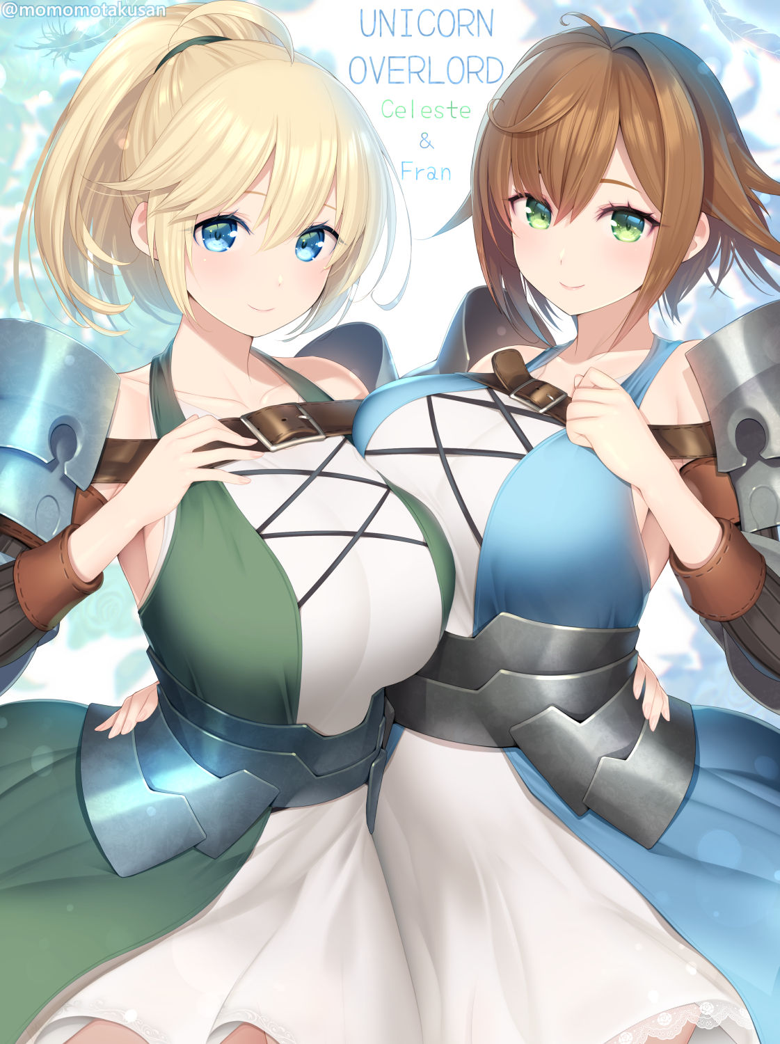 2girls ahoge alternate_breast_size armor armored_dress blonde_hair blue_eyes breasts brown_hair celeste_(unicorn_overlord) character_name closed_mouth collarbone copyright_name dress fran_(unicorn_overlord) green_eyes hand_on_another's_waist hand_on_own_chest highres kashiwamochi_yomogi large_breasts multiple_girls ponytail short_hair smile twitter_username unicorn_overlord