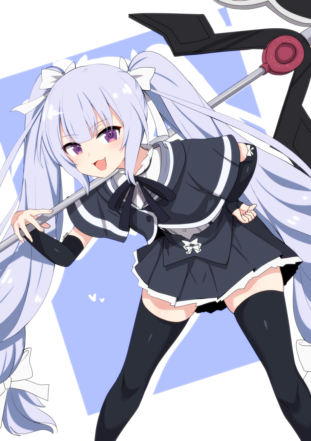 1girl :3 :d assault_lily black_ribbon black_skirt black_thighhighs blue_background blunt_bangs blush bow buttons commentary_request cropped_jacket detached_sleeves fang feet_out_of_frame frilled_shirt_collar frills fumutarou grey_hair hair_bow hand_on_own_hip hand_up heart highres holding holding_weapon leaning_forward long_hair long_sleeves looking_at_viewer miniskirt miriam_hildegard_von_gropius neck_ribbon over_shoulder pleated_skirt polearm ribbon school_uniform shirt short_sleeves skirt sleeve_bow smile solo standing suspenders thigh-highs twintails two-tone_background underbust very_long_hair violet_eyes weapon weapon_over_shoulder white_background white_shirt yurigaoka_girls_academy_school_uniform zettai_ryouiki