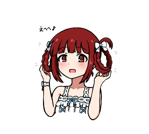 1girl alternate_costume bare_shoulders blue_ribbon blunt_bangs blush braid braided_hair_rings breasts collarbone dot_nose dress hair_ribbon hands_in_own_hair idolmaster idolmaster_million_live! idolmaster_million_live!_theater_days kuro_megane_(cat-13) looking_at_viewer lowres matsuda_arisa official_alternate_hairstyle open_mouth pure_onepiece_(idolmaster) red_eyes redhead ribbon ribbon-trimmed_dress ribbon-trimmed_wrist_cuffs sidelocks simple_background small_breasts solo sundress twin_braids upper_body white_background white_dress white_hair_ribbon white_ribbon white_wrist_cuffs wrist_cuffs