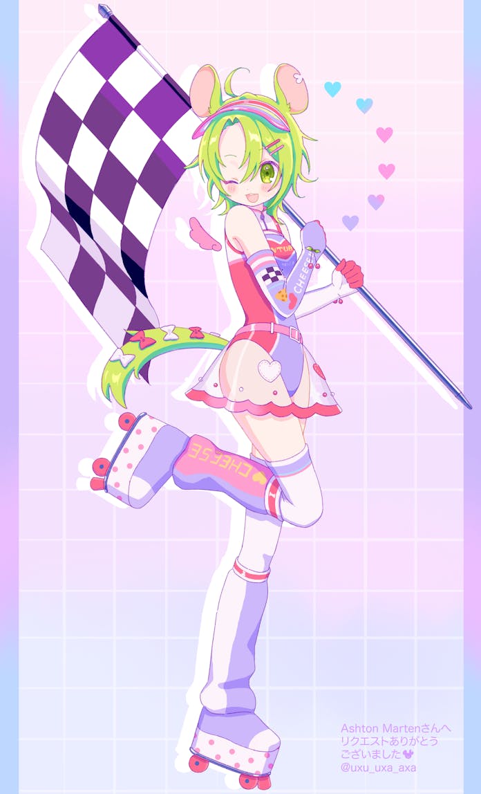 1girl ashton_marten_(vtuber) bow checkered_flag cheese_print cherry_print chinchilla_(animal) chinchilla_ears chinchilla_girl chinchilla_tail commentary commission elbow_gloves english_commentary flag food_print gloves green_eyes grid_background hair_ornament hairclip indie_virtual_youtuber leg_warmers multicolored_leotard one_eye_closed open_mouth racequeen roller_skates see-through see-through_skirt short_hair skates skeb_commission skirt tail tail_bow tail_ornament thigh-highs uxu_uxa_axa virtual_youtuber visor_cap white_thighhighs