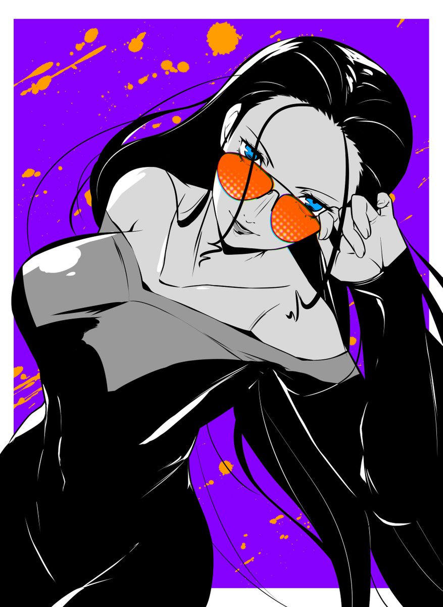 1girl blue_eyes dress english_commentary from_above hair_slicked_back hand_on_headwear highres long_hair long_sleeves looking_at_viewer nico_robin one_piece orange-tinted_eyewear purple_background smile solo strapless strapless_dress sunglasses tinted_eyewear upper_body wanderstillart