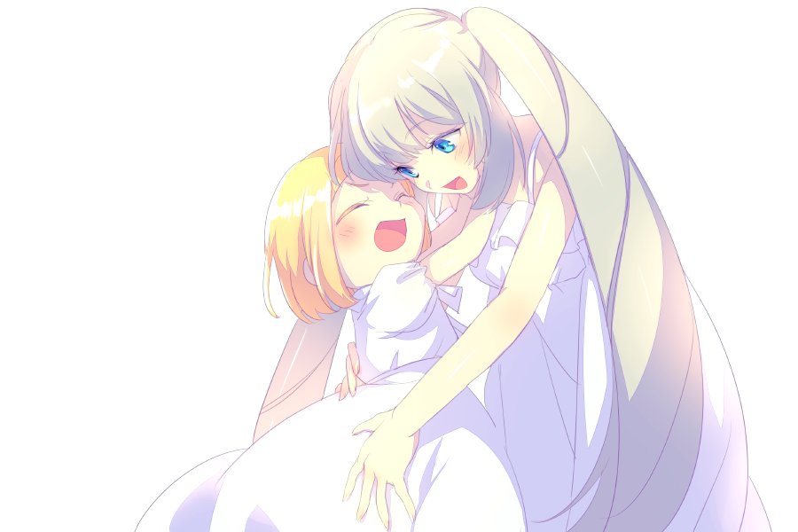 2girls bare_shoulders blonde_hair blue_eyes blush breasts closed_eyes dress echo_(circa) fate/grand_order fate_(series) long_hair marie_antoinette_(fate) medium_breasts multiple_girls open_mouth parted_bangs paul_bunyan_(fate) puffy_short_sleeves puffy_sleeves short_hair short_sleeves sidelocks small_breasts smile twintails very_long_hair white_dress white_hair