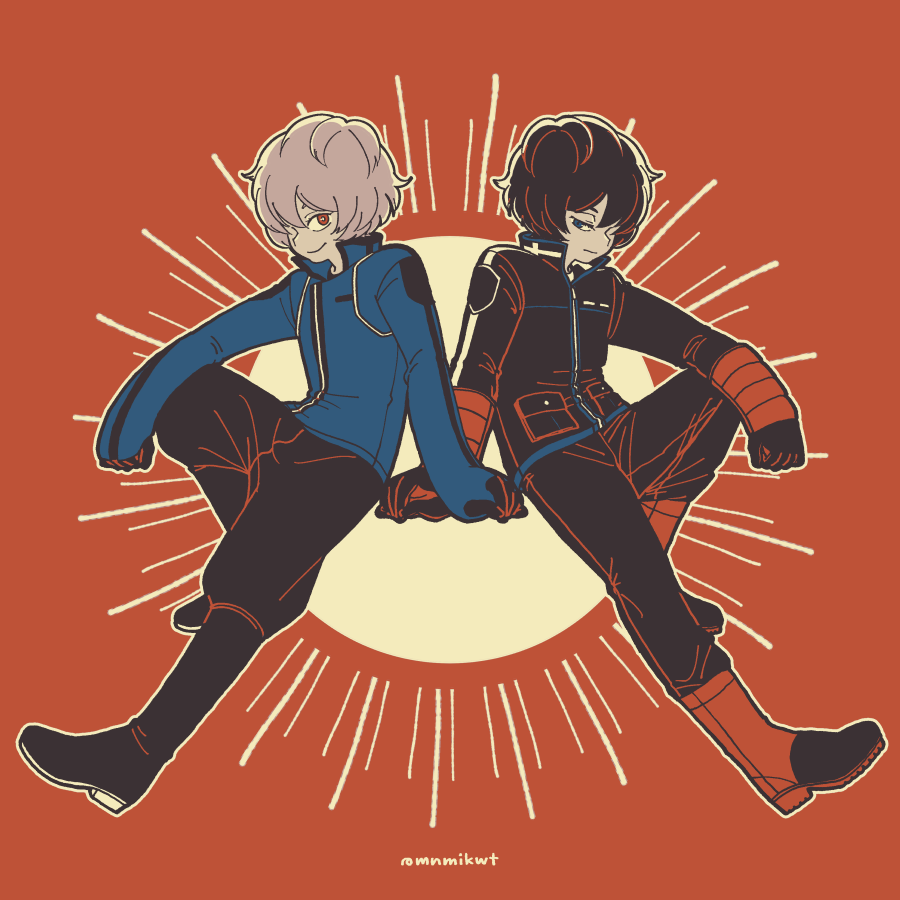 2boys arm_on_knee arm_rest arm_support black_hair black_pants blue_jacket boots closed_mouth dual_persona frown full_body gloves grey_hair hair_over_one_eye half-closed_eyes invisible_chair jacket knee_up kuga_yuuma limited_palette looking_at_viewer male_focus mikumo_squad's_uniform mnmikwt multiple_boys one_eye_covered outstretched_arm pants pants_tucked_in red_background red_eyes red_footwear side-by-side sitting smile symmetrical_pose world_trigger