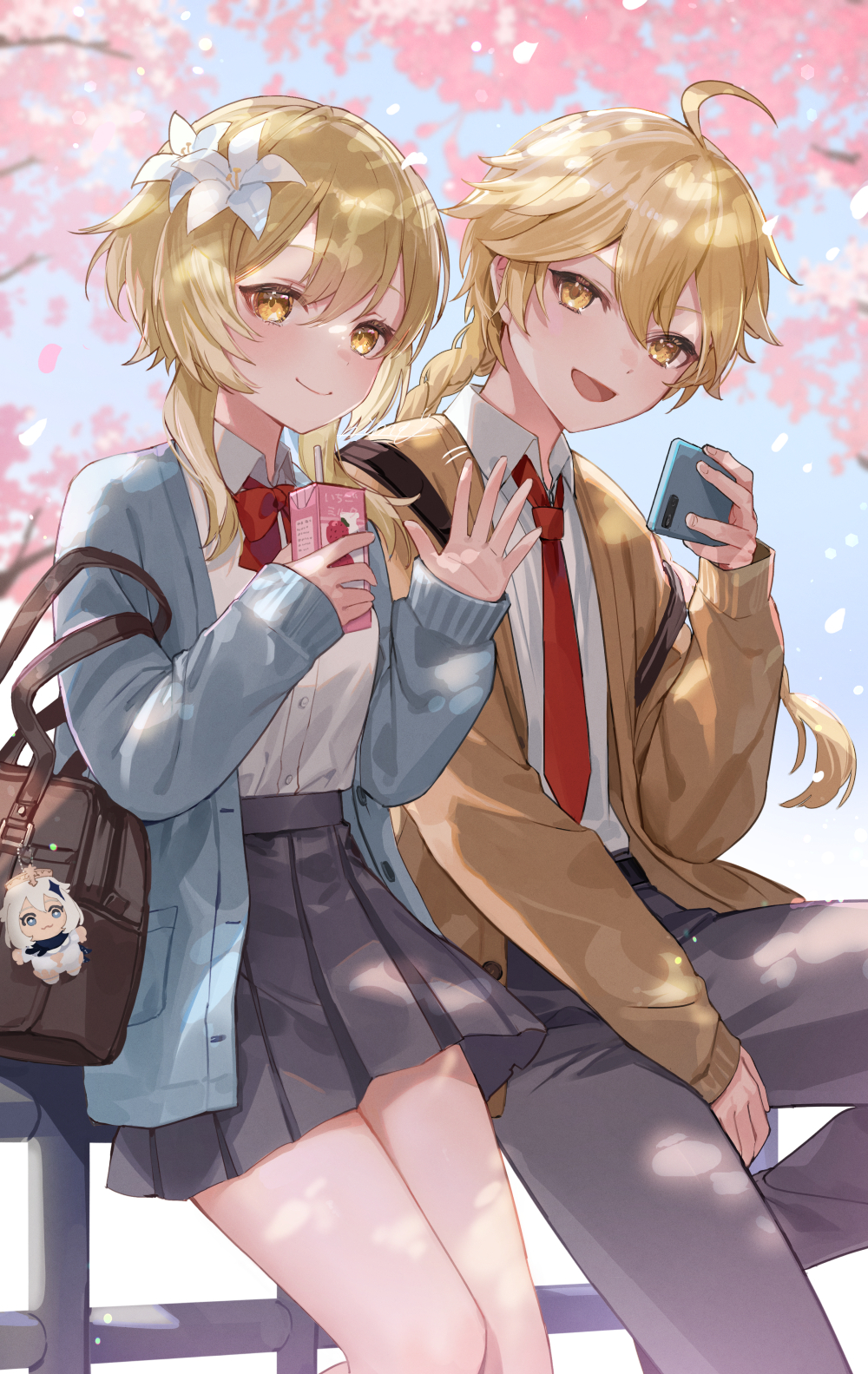1boy 1girl :d aether_(genshin_impact) blonde_hair blue_cardigan braid braided_ponytail brother_and_sister brown_cardigan cardigan cherry_blossoms collared_shirt commentary contemporary falling_petals flower genshin_impact grey_pants grey_skirt hair_flower hair_ornament highres holding holding_phone long_hair looking_at_viewer lumine_(genshin_impact) necktie nima_(niru54) outdoors pants petals phone pleated_skirt red_necktie school_uniform shirt shirt_tucked_in short_hair_with_long_locks siblings skirt smile symbol-only_commentary tree waving white_flower white_shirt yellow_eyes