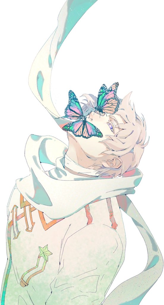 1boy animal_on_head axis_powers_hetalia badge bandaged_neck bandages bright_pupils bug butterfly butterfly_on_face butterfly_on_mouth chinese_commentary coat commentary_request expressionless fermium.ice grey_hair head_back looking_up male_focus on_head russia_(hetalia) scarf short_hair simple_background solo standing star_(symbol) upper_body violet_eyes white_background white_coat white_scarf