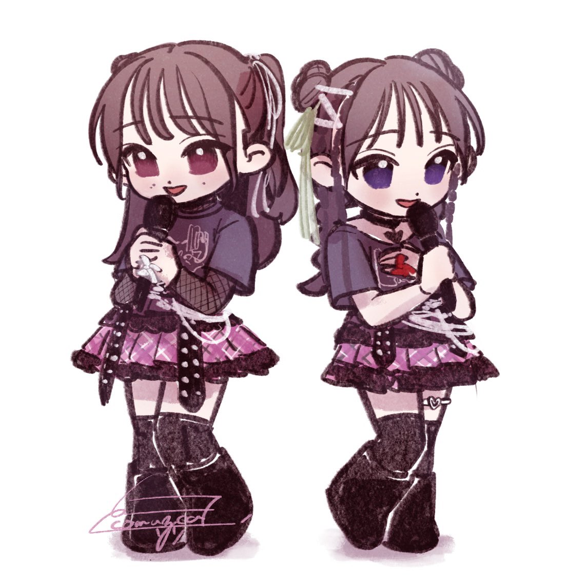 2girls artist_name assault_lily black_choker black_footwear black_shirt black_thighhighs boots braid brown_hair choker commentary_request double_bun finger_ribbon fishnet_top fishnets frilled_skirt frills fukuyama_jeanne_sachie green_ribbon hair_bun hair_ornament hair_ribbon hand_on_own_chest hands_up heart heart_choker heart_o-ring heel_up holding holding_microphone knee_boots komuzuka layered_sleeves long_hair long_sleeves looking_ahead low_twin_braids low_twintails microphone miniskirt mole mole_above_mouth multiple_girls o-ring o-ring_thigh_strap official_alternate_costume parted_lips pink_eyes pink_skirt plaid plaid_skirt pleated_skirt print_shirt red_ribbon ribbon seto_veronica_ichika shirt short_sleeves signature simple_background skirt smile standing thigh-highs thigh_strap twin_braids twintails two_side_up violet_eyes white_background white_ribbon zettai_ryouiki