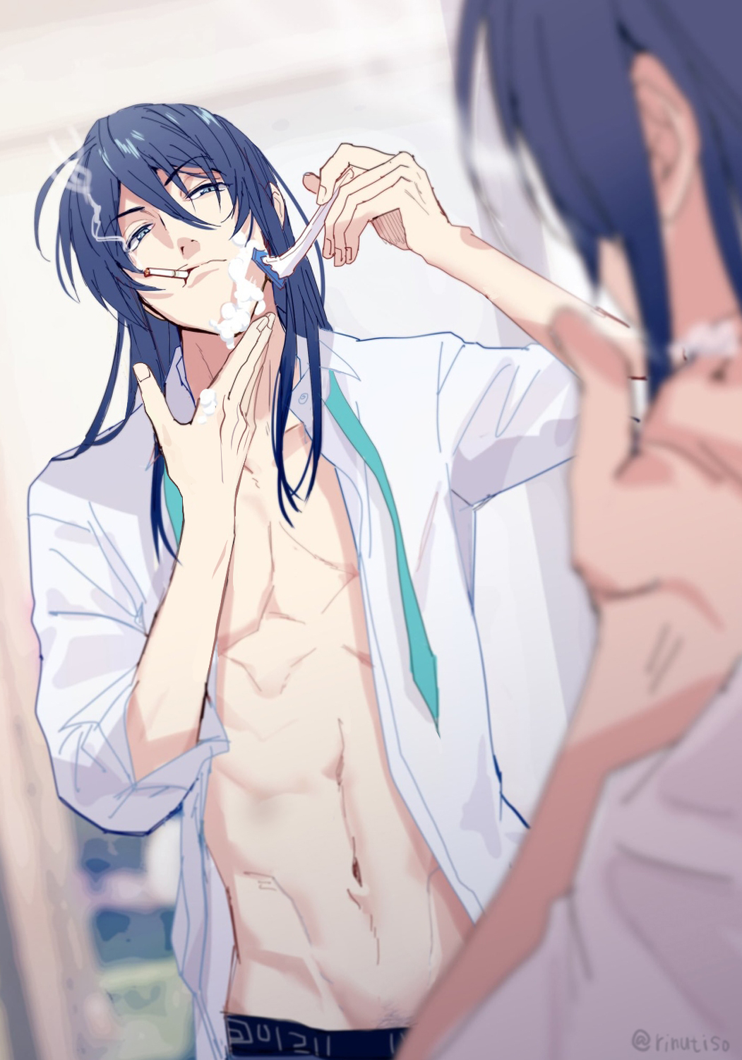 1boy abs blue_eyes blue_hair blue_necktie blurry closed_mouth collared_shirt depth_of_field hair_between_eyes hand_on_own_chin head_tilt highres idolish7 long_hair looking_at_viewer male_focus morning necktie oogami_banri open_clothes open_shirt reflection_focus rinunu shaving shaving_cream shirt sleeves_rolled_up smoke smoking solo upper_body white_shirt