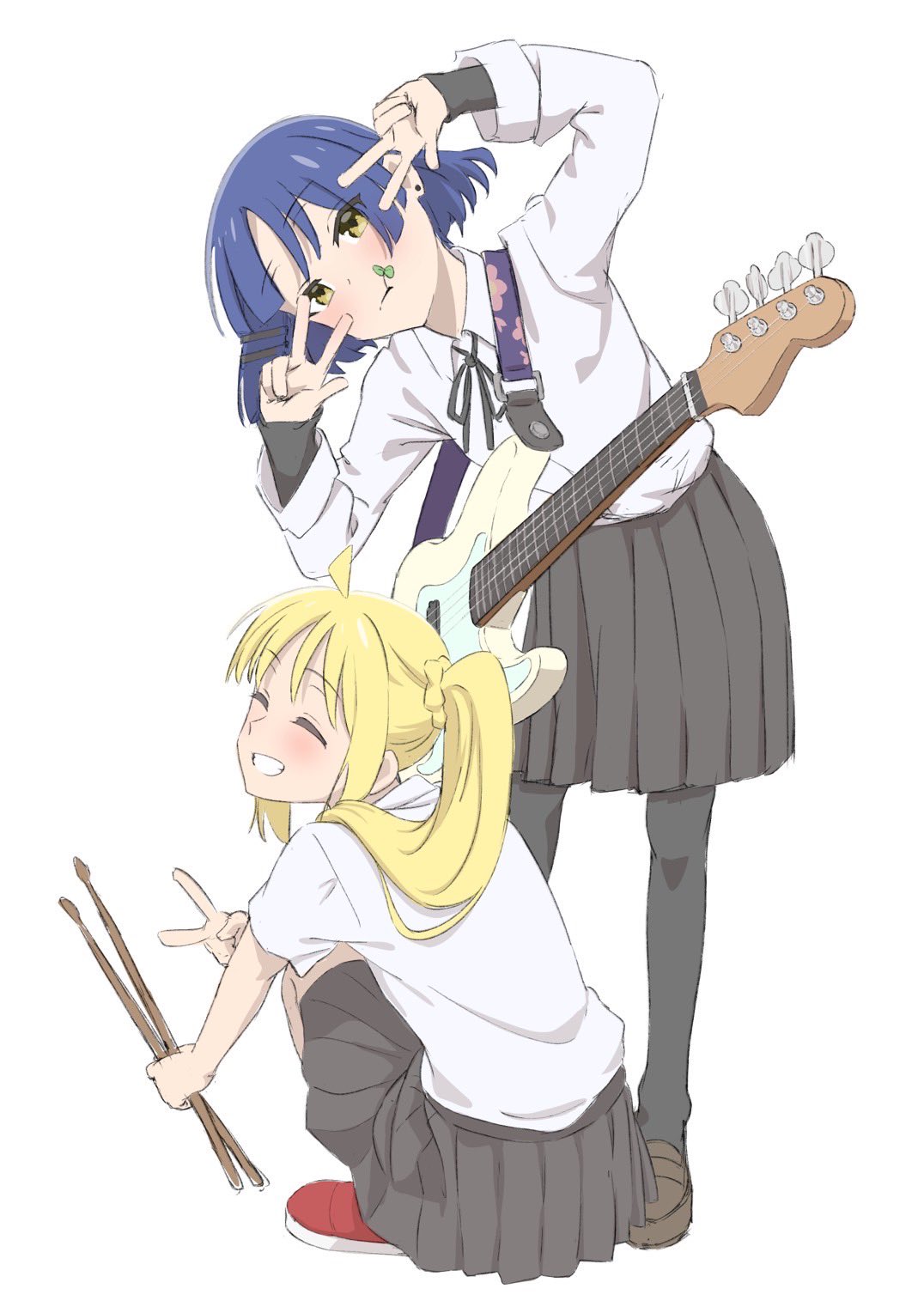 2girls ahoge bass_guitar black_pantyhose black_ribbon black_skirt blonde_hair blue_hair blush bocchi_the_rock! brown_footwear closed_eyes clover collared_shirt detached_ahoge double_v drumsticks earrings fender_precision_bass grin guitar hair_ornament hairclip highres holding ijichi_nijika instrument jewelry jojinta leaning_to_the_side long_hair long_sleeves looking_at_viewer mole mole_under_eye mouth_hold multiple_girls neck_ribbon pantyhose pleated_skirt red_footwear ribbon school_uniform shimokitazawa_high_school_uniform shirt shoes short_hair short_sleeves side_ponytail simple_background skirt smile squatting stud_earrings v white_background white_shirt yamada_ryo yellow_eyes