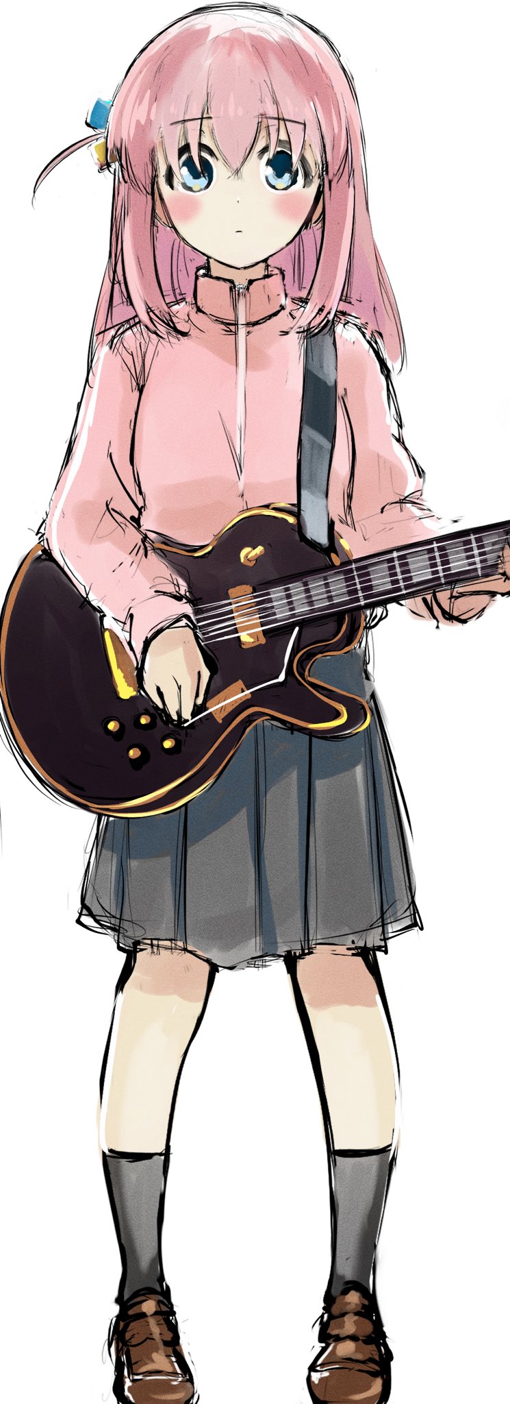 1girl black_socks blue_eyes blush bocchi_the_rock! brown_footwear cube_hair_ornament electric_guitar gotoh_hitori grey_skirt guitar hair_ornament hanamaruyama628 highres holding holding_guitar holding_instrument instrument jacket loafers long_hair looking_at_viewer pink_hair pink_jacket pleated_skirt shoes skirt socks solo standing track_jacket