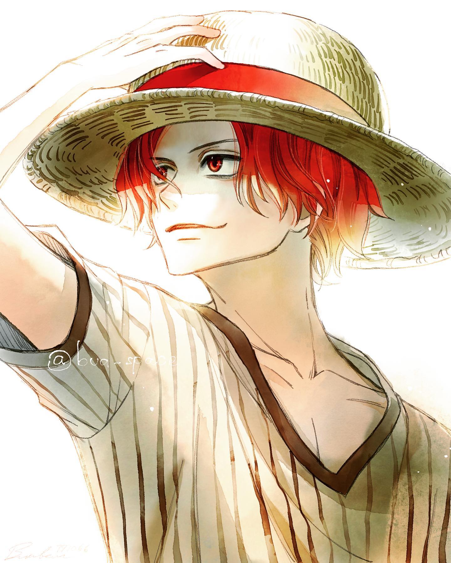 1boy aged_down artist_name buaspace closed_mouth collarbone hand_on_headwear hat highres instagram_username male_focus one_piece red_eyes redhead shanks_(one_piece) short_hair smile solo straw_hat