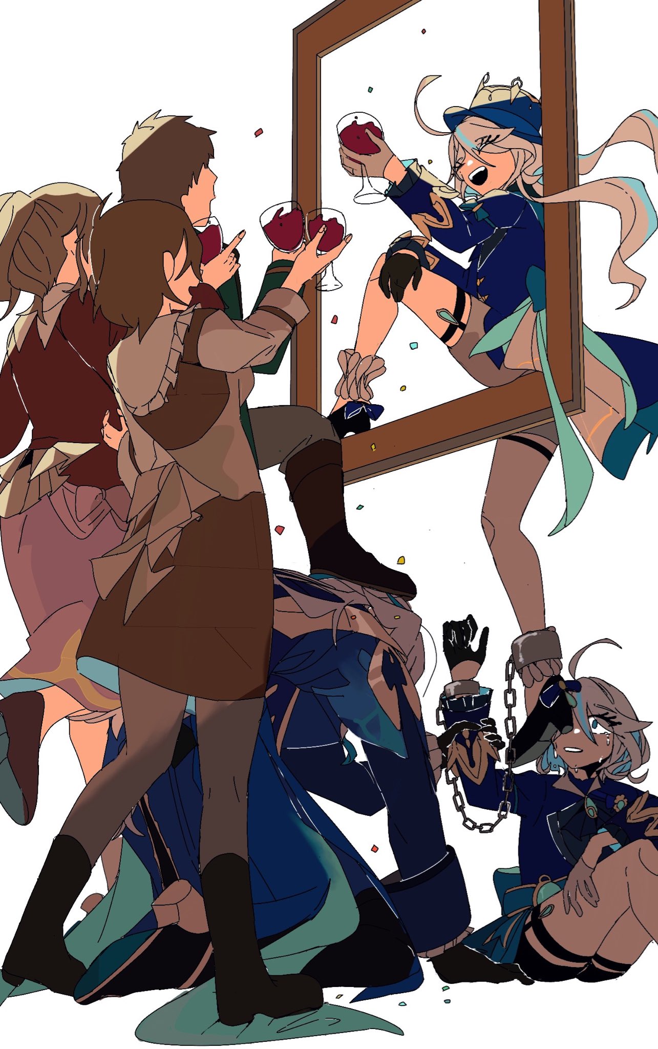 2boys 4girls :d ^_^ ahoge alcohol ankle_cuffs ascot asymmetrical_gloves black_footwear black_gloves black_pants black_shorts blue_ascot blue_coat blue_eyes blue_hair blue_hat blue_jacket boots brown_hair brown_skirt chain closed_eyes coat confetti crying crying_with_eyes_open cuffs cup drinking_glass dual_persona empty_picture_frame faceless facing_away foot_on_head furina_(genshin_impact) genshin_impact gloves green_jacket grey_shirt hair_between_eyes hat highres holding holding_another's_wrist holding_cup jacket jf32o knee_up kneeling long_hair long_sleeves looking_at_another mismatched_gloves multicolored_hair multiple_boys multiple_girls neuvillette_(genshin_impact) pants parted_lips people picture_frame pink_skirt ponytail red_jacket shirt shoe_soles shoes short_hair shorts simple_background sitting skirt sleeve_cuffs smile standing stepped_on streaked_hair tears thigh_strap top_hat white_gloves white_hair white_shorts wine wine_glass