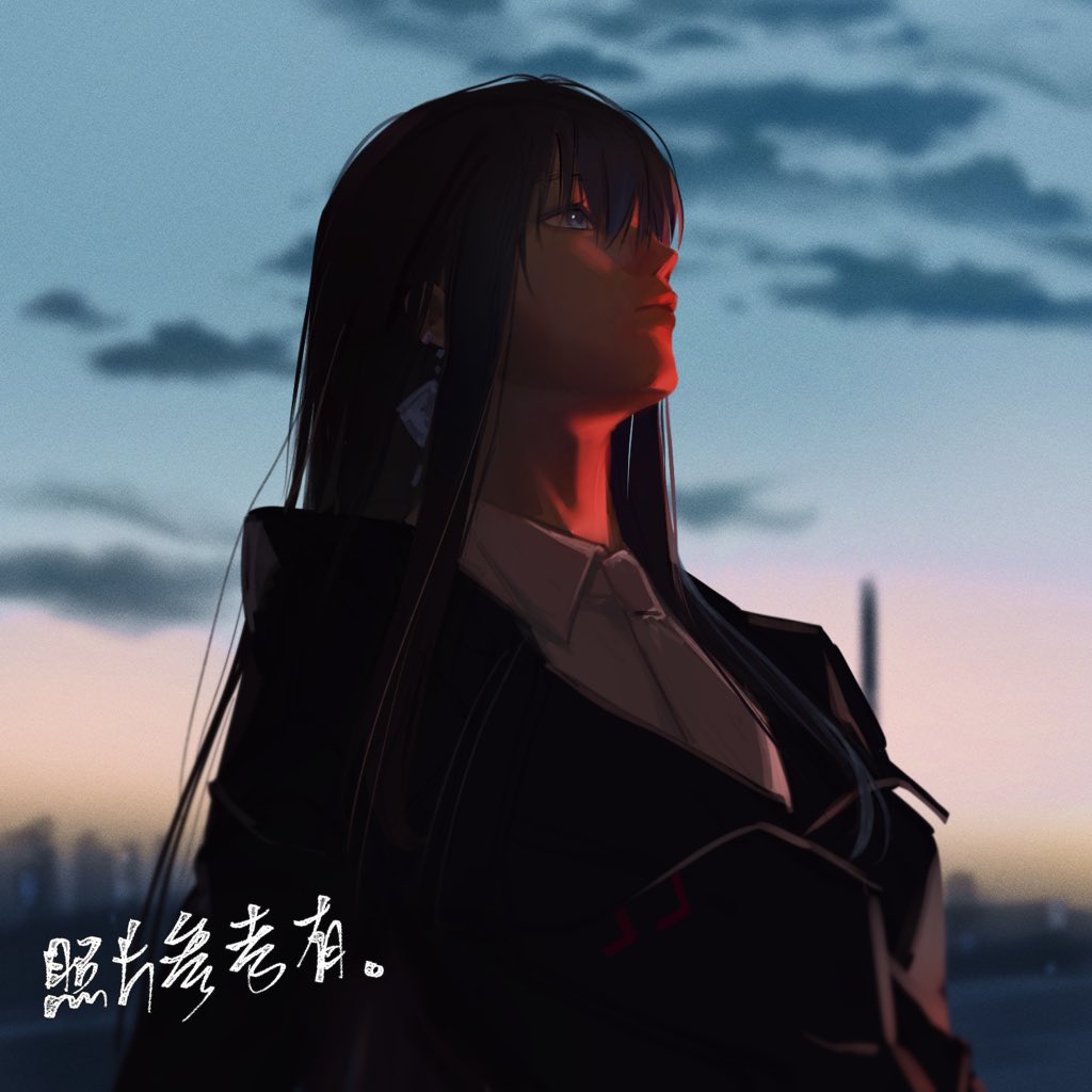 1girl black_coat chinese_commentary chinese_text clouds coat collared_shirt commentary_request dusk earrings horizon jewelry long_hair miix777 necktie outdoors path_to_nowhere rahu_(path_to_nowhere) shirt solo translation_request upper_body white_necktie white_shirt