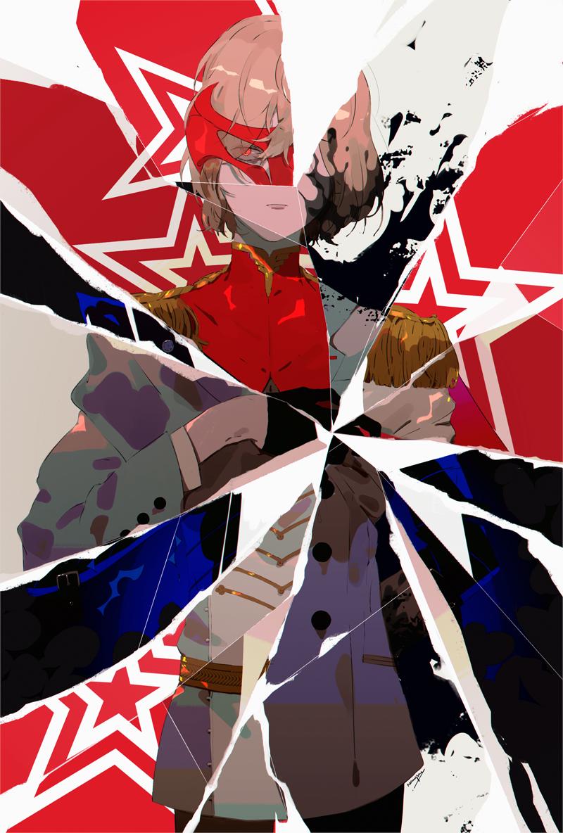 1boy akechi_gorou black_blood black_gloves blood blood_on_face brown_hair closed_mouth commentary cowboy_shot domino_mask english_commentary eye_mask gloves grey_jacket jacket long_sleeves male_focus mask naruysae persona persona_5 red_eyes revealing_layer short_hair shoulder_pads solo torn_paper white_jacket