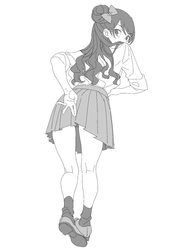 1girl anchiki_shou bad_id bad_twitter_id bow character_request copyright_request from_behind full_body greyscale hair_bow hair_bun hand_on_own_ass leaning_forward loafers long_hair looking_at_viewer looking_back miniskirt monochrome pleated_skirt school_uniform shirt shoe_soles shoes simple_background single_hair_bun skirt socks solo standing white_background