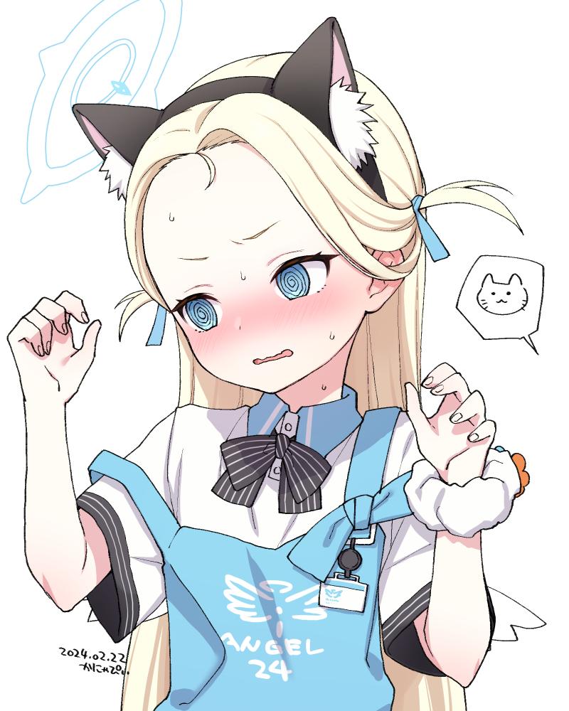 1girl @_@ angel's_24_uniform_(blue_archive) animal_ears apron blonde_hair blue_archive blue_eyes blush cat cat_ears embarrassed fake_animal_ears halo hands_up kanya_pyi long_hair looking_to_the_side parted_lips solo sora_(blue_archive) store_clerk sweat wavy_mouth