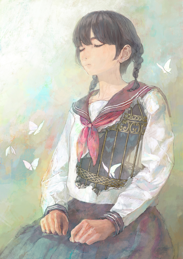 1girl birdcage black_hair braid bug butterfly cage closed_eyes closed_mouth hands_on_lap hironoshousei long_sleeves muted_color neckerchief original red_neckerchief sailor_collar school_uniform serafuku sitting skirt solo torn_clothes twin_braids