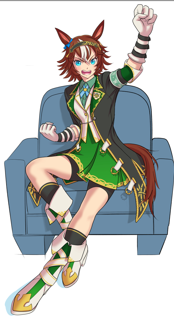 1girl animal_ears arm_up armband bamboo_memory_(umamusume) black_hairband black_jacket black_socks blue_eyes blush boots brown_hair clenched_hands collared_shirt commentary_request couch elbow_gloves fukami_(trash_sp) full_body gloves green_skirt grey_shirt hair_between_eyes hairband horse_ears horse_girl horse_tail jacket knee_boots kneehighs long_sleeves looking_at_viewer multicolored_hair nose_blush on_couch open_clothes open_jacket open_mouth shirt simple_background sitting sketch skirt socks solo streaked_hair tail umamusume white_background white_footwear white_gloves white_hair white_jacket