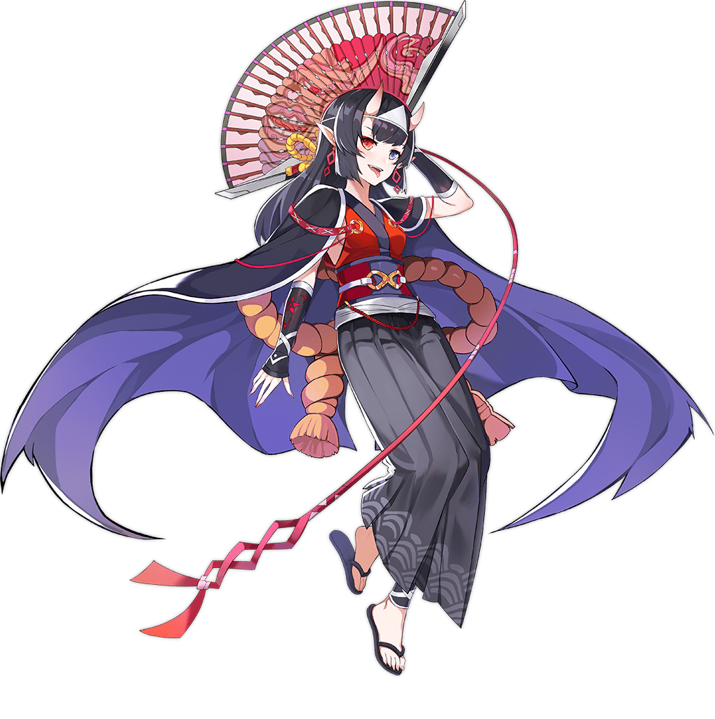 1girl amanojaku_(ark_order) ark_order arm_at_side arm_behind_head arm_up artist_request black_cape black_footwear black_hair black_pants blue_eyes cape earrings folding_fan full_body hakama hakama_pants hand_fan heterochromia holding holding_fan horns japanese_clothes jewelry kimono long_hair obi obijime official_art pants pointy_ears purple_cape red_eyes red_kimono red_sash sandals sash sidelocks skin-covered_horns solo tachi-e tongue tongue_out transparent_background triangular_headpiece two-sided_cape two-sided_fabric wrist_guards