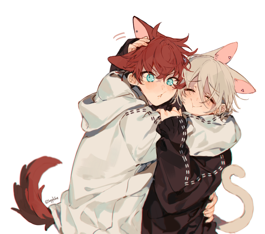 2boys amagi_hiiro animal_ears black_sweater blonde_hair blue_eyes blush cat_ears cat_tail cheek-to-cheek closed_eyes closed_mouth dog_ears dog_tail ensemble_stars! hand_up heads_together hood hood_down jacket looking_at_viewer multiple_boys open_mouth petting redhead sapphire_(nine) shiratori_aira_(ensemble_stars!) simple_background sweater tail white_background white_jacket
