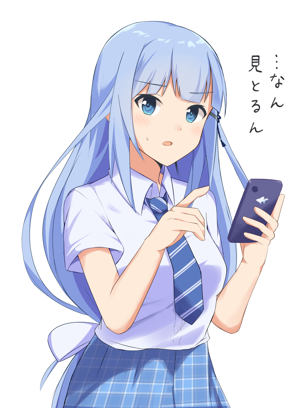 1girl blue_eyes blue_hair blue_necktie blue_skirt blush breasts cellphone dot_nose hair_ornament hairclip hands_up highres holding holding_phone idolmaster idolmaster_million_live! idolmaster_million_live!_theater_days long_hair looking_at_viewer low-tied_long_hair medium_breasts necktie open_mouth phone plaid plaid_skirt pleated_skirt school_uniform shiraishi_tsumugi shirt short_sleeves simple_background skirt smartphone solo striped_necktie sweatdrop trinitro_t very_long_hair white_background white_shirt
