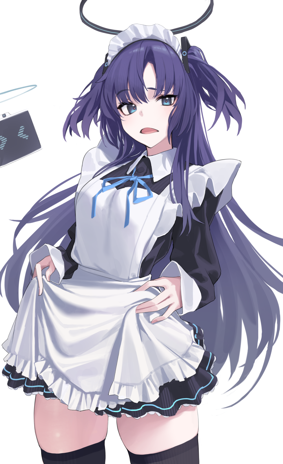 &gt;_&lt; 1girl alternate_costume alternate_eye_color apron black_dress black_halo black_thighhighs blue_archive blue_eyes blue_halo blue_ribbon collared_shirt dot_nose dress floating_hair frilled_apron frilled_dress frills halo highres juliet_sleeves long_hair long_sleeves looking_at_viewer maid_headdress monitor neck_ribbon open_mouth puffy_sleeves purple_hair raised_eyebrow ribbon shirt sidelocks simple_background skirt_hold thigh-highs tooyon two_side_up very_long_hair white_apron white_background white_shirt yuuka_(blue_archive)