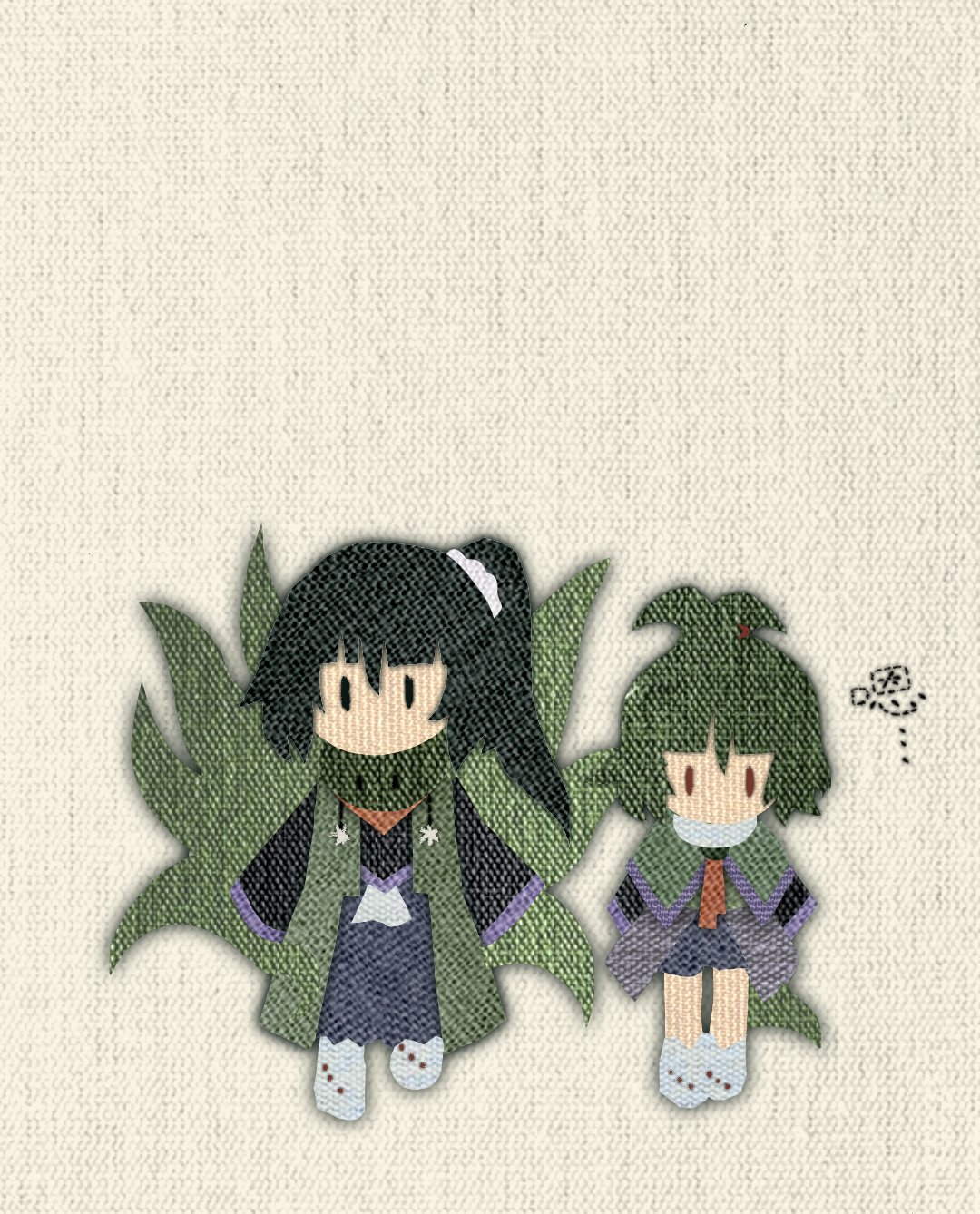 2others adagumo_no_saragimaru adagumo_no_yaorochi androgynous baila_kuangzi black_hair black_sleeves blue_hakama blue_shirt blue_shorts capelet chibi coat green_capelet green_coat green_hair green_scarf hakama hakama_skirt highres japanese_clothes len'en long_hair long_sleeves multiple_others multiple_tails no_mouth no_nose open_clothes open_coat other_focus purple_trim red_eyes scarf shirt short_hair shorts siblings side_ponytail skirt sleeveless sleeveless_coat snake_tail socks split_ponytail tail translation_request white_socks