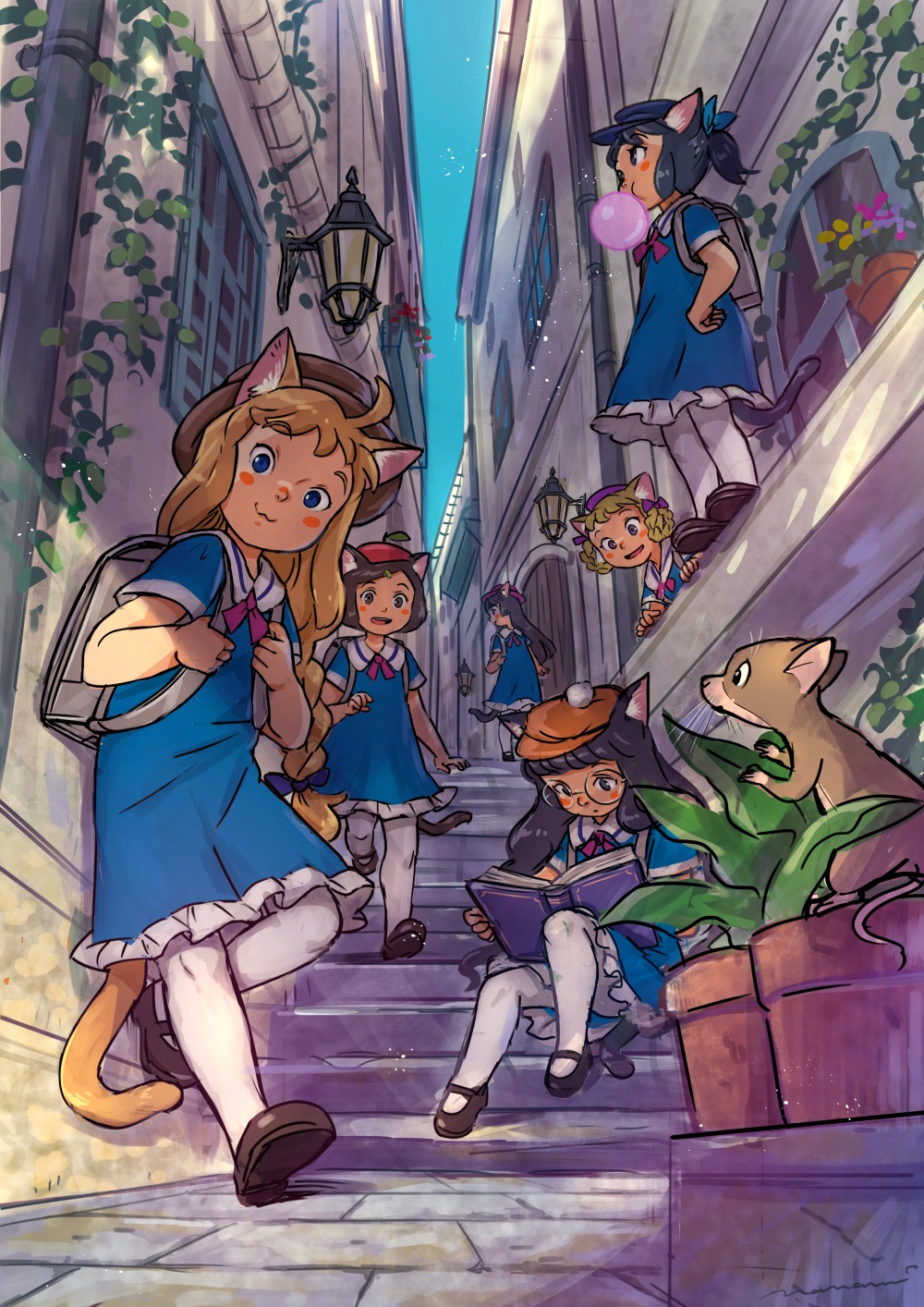 6+girls :3 :d ahoge alley animal animal_ears backpack bag black_footwear black_hair blonde_hair blowing_bubbles blue_dress blue_eyes blue_hat blue_sky blush_stickers book braided_hair_rings building cat_ears cat_girl cat_tail chewing_gum child dress frills glasses hair_ornament hairclip hat highres long_hair mary_janes mouse multiple_girls nanami_tomorou original pantyhose plant ponytail potted_plant purple_hat randoseru reading red_hat round_eyewear shoes short_sleeves sitting sky smile stairs standing tail vines white_pantyhose