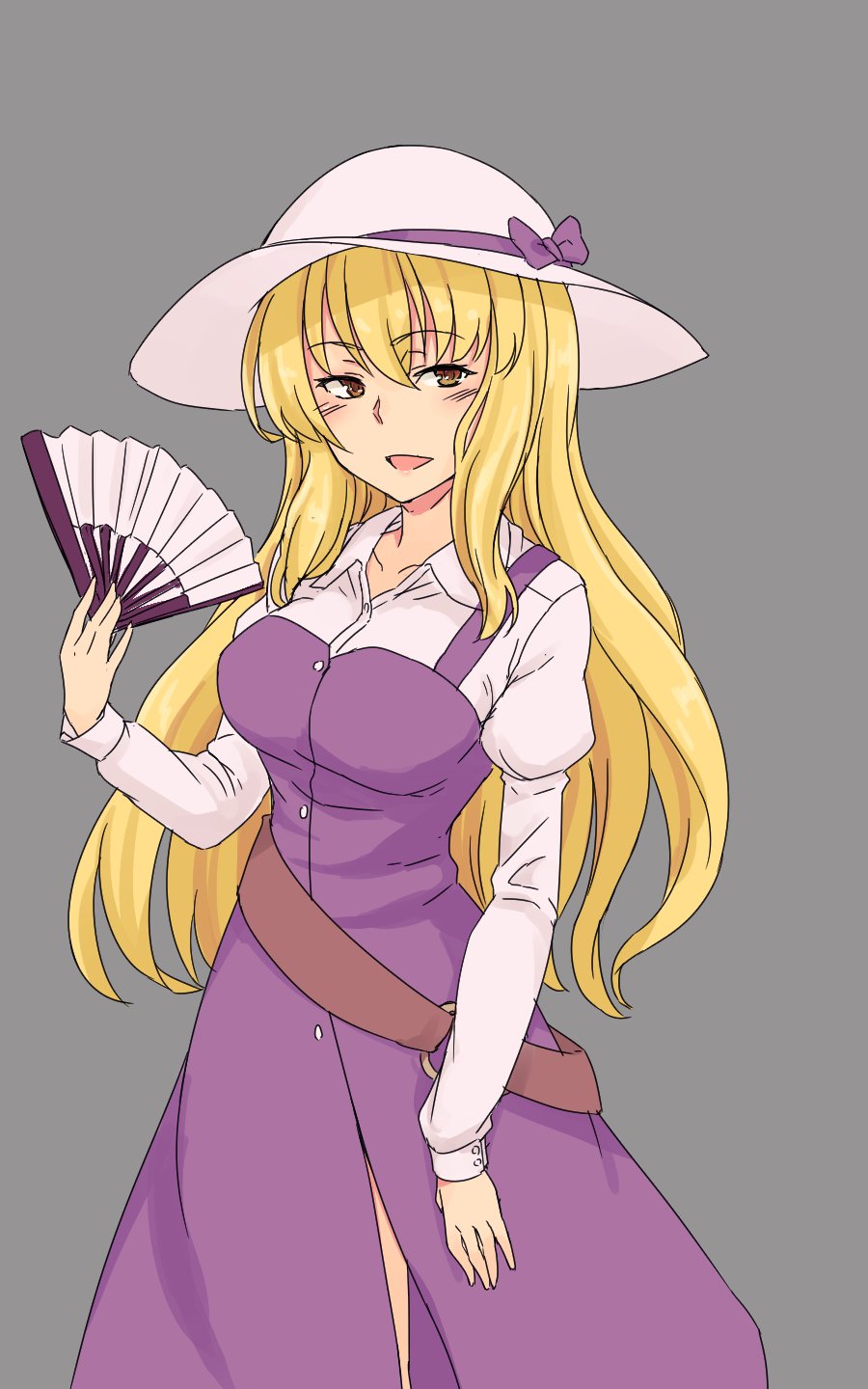 1girl belt blonde_hair bow breasts brown_eyes collarbone commentary dress grey_background hand_fan hat hat_bow highres holding holding_fan juliet_sleeves kakone long_hair long_sleeves looking_at_viewer one-hour_drawing_challenge open_mouth puffy_sleeves purple_bow purple_dress simple_background smile solo touhou watatsuki_no_toyohime