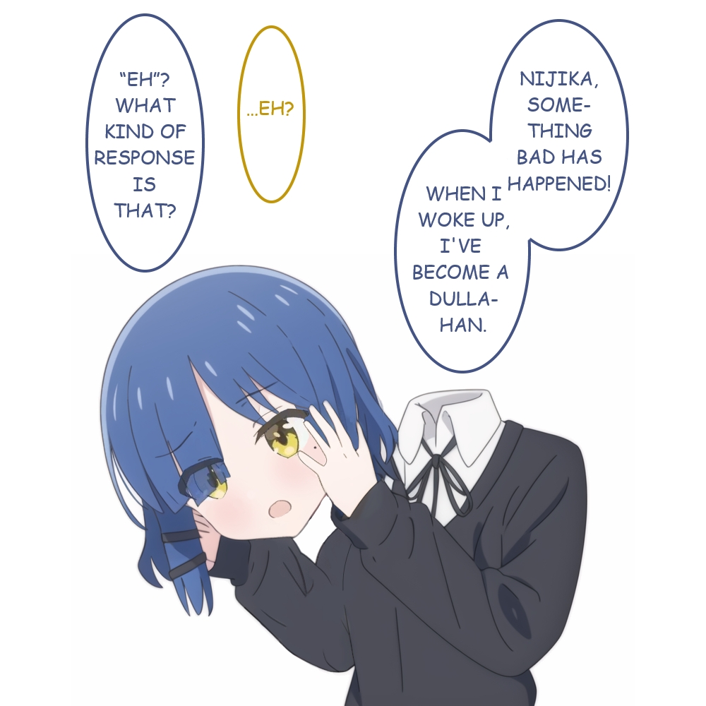 ai-assisted ai-generated black_jacket blue_hair bocchi_the_rock! disembodied_head dullahan english_text hair_ornament hairclip hands_on_own_cheeks hands_on_own_face jacket jbxpism shirt speech_bubble white_shirt yamada_ryo yellow_eyes