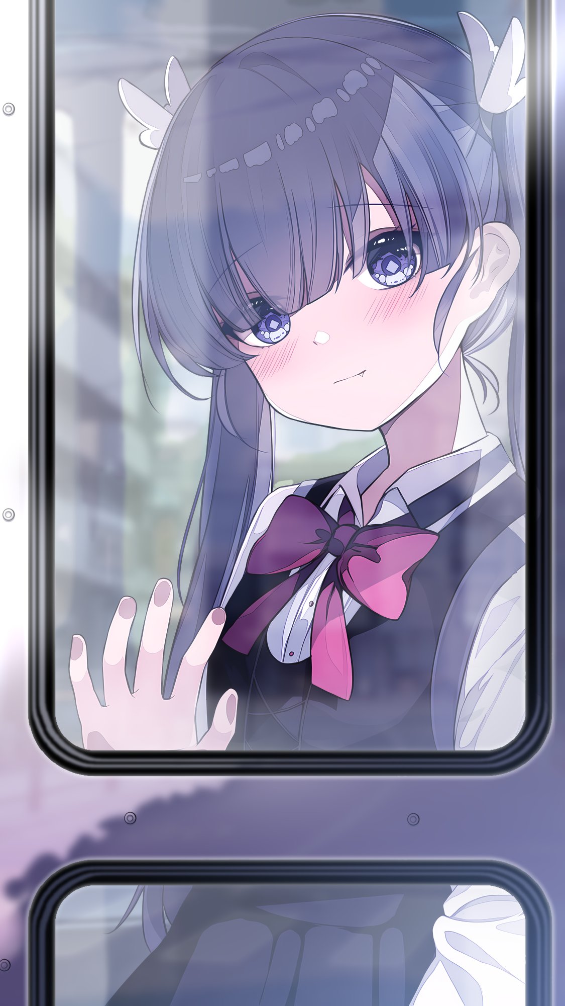 1girl ano_yo_iki_no_bus_ni_notte_saraba black_skirt blunt_bangs blush bow bowtie bus closed_mouth collared_shirt commentary_request dot_nose fang from_inside glass glass_door hair_ornament hand_on_glass hand_on_window hand_up highres jirai_kei light_smile long_hair long_sleeves looking_at_viewer motor_vehicle nore_th pink_bow pink_bowtie pleated_skirt purple_bow purple_bowtie purple_hair purple_skirt ribbon shirt skirt solo symbol-shaped_pupils tuyu_(band) twintails violet_eyes wing_hair_ornament wings