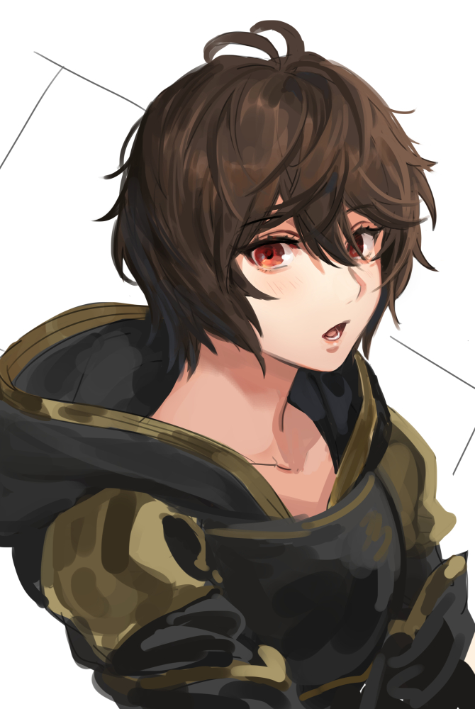 1boy ahoge brown_hair commentary_request expressionless granblue_fantasy hair_between_eyes hood hood_down light_blush looking_at_viewer male_focus messy_hair open_mouth parted_lips red_eyes sandalphon_(granblue_fantasy) short_hair solo tki upper_body white_background
